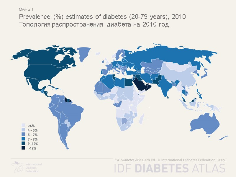 map 2.1 Prevalence (%) estimates of diabetes (20-79 years), 2010 Топология распространения диабета на